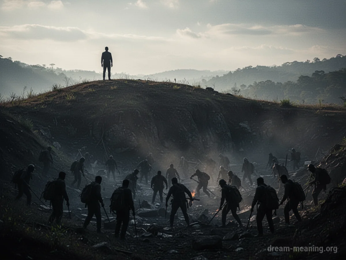 A distant silhouette of a person observing a blurred, chaotic scene from a hilltop.