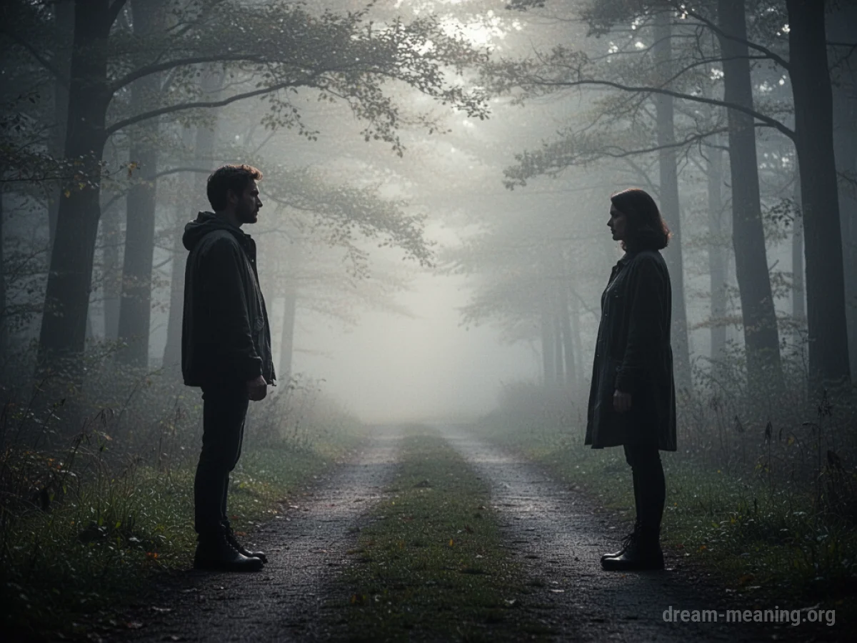 Two silhouetted figures on a misty path, one looking back.