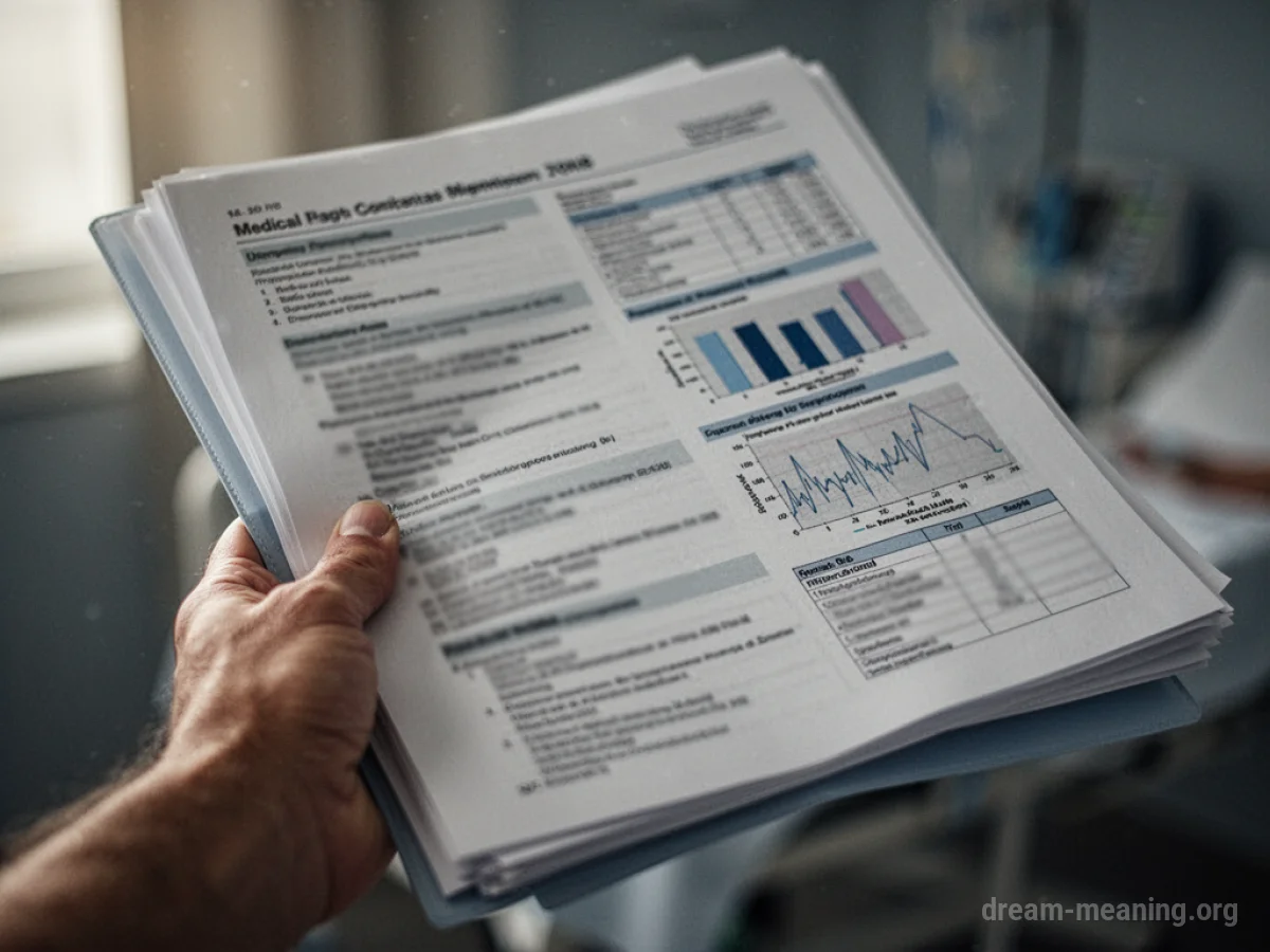 A hand holding an open medical file showing charts and text.