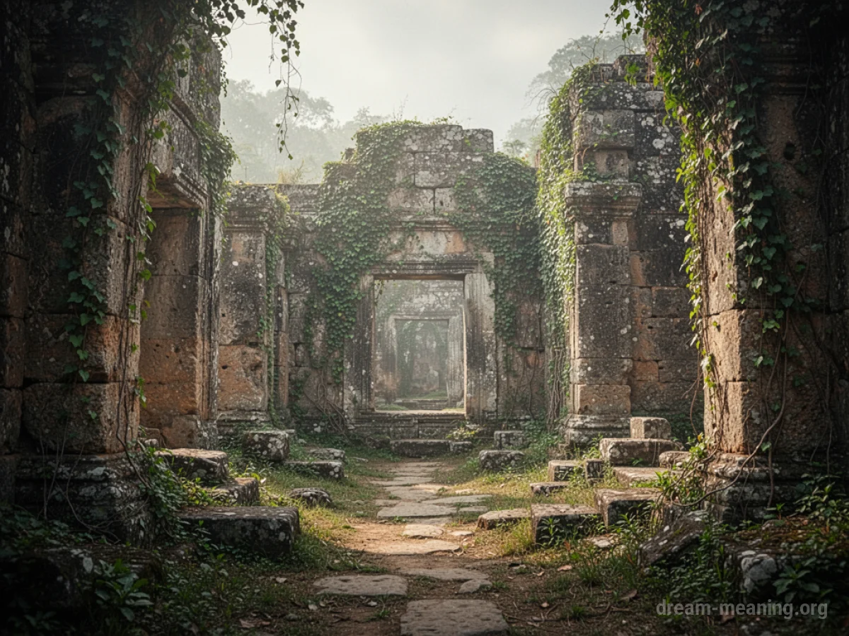 Ancient stone structures covered in greenery.