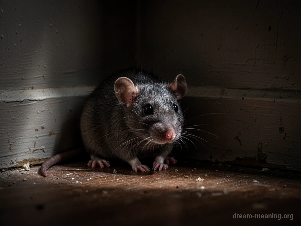 A rat's tail disappearing around a corner in a dimly lit room.