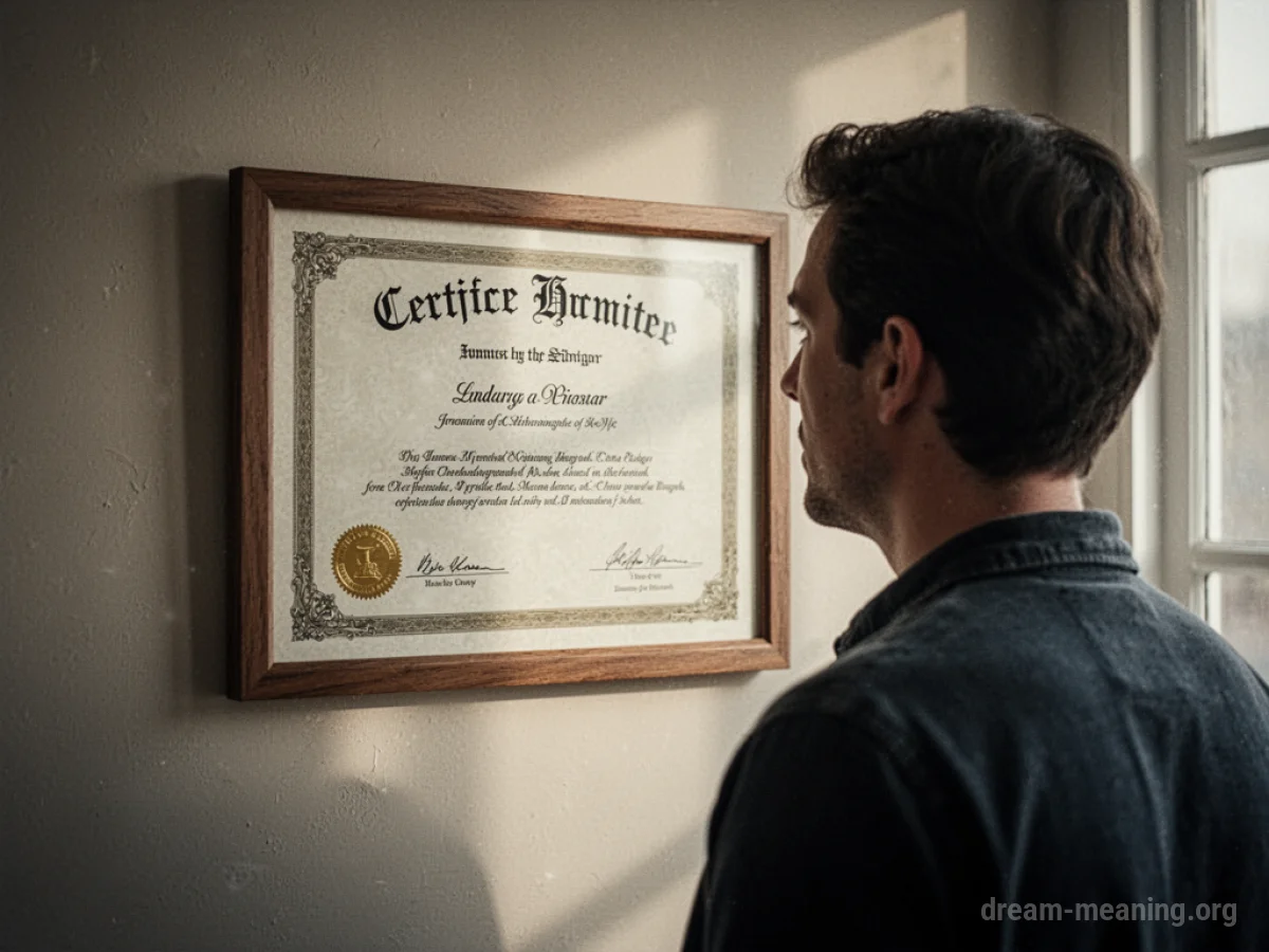 A person stands looking at a framed document on a wall.