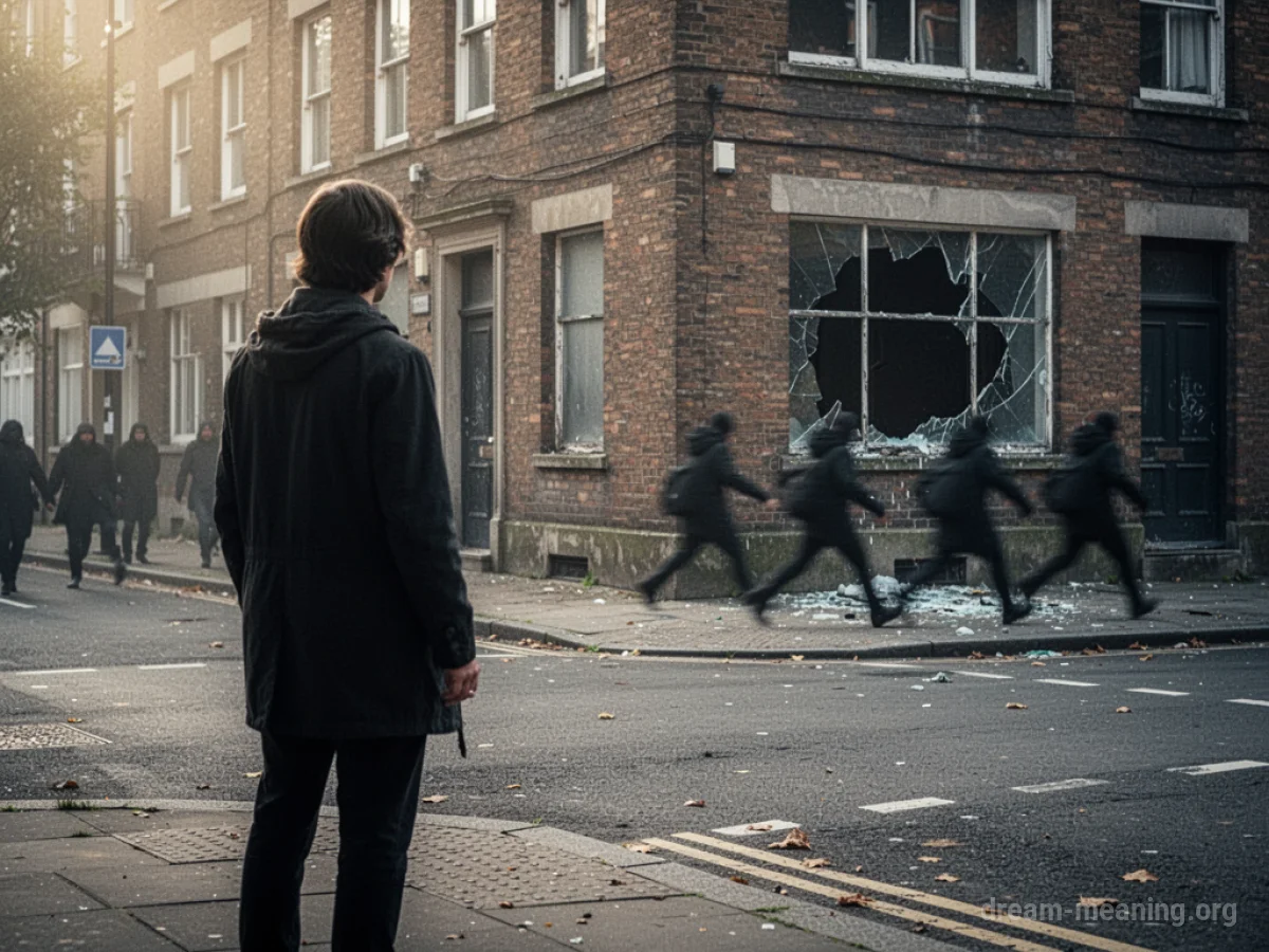 A silhouetted figure observes a distant scene of a building with a broken window.