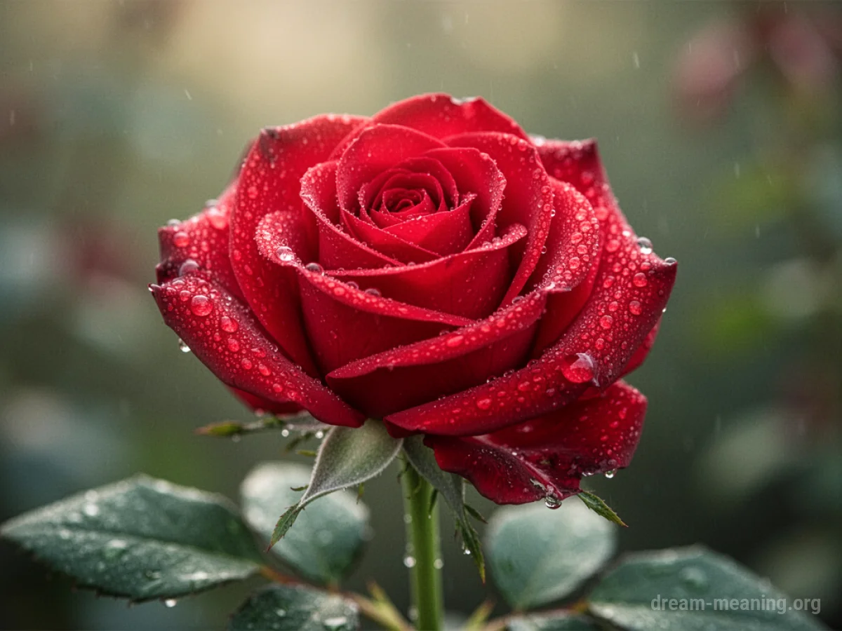 A close-up view of a single red rose with water droplets on its petals.