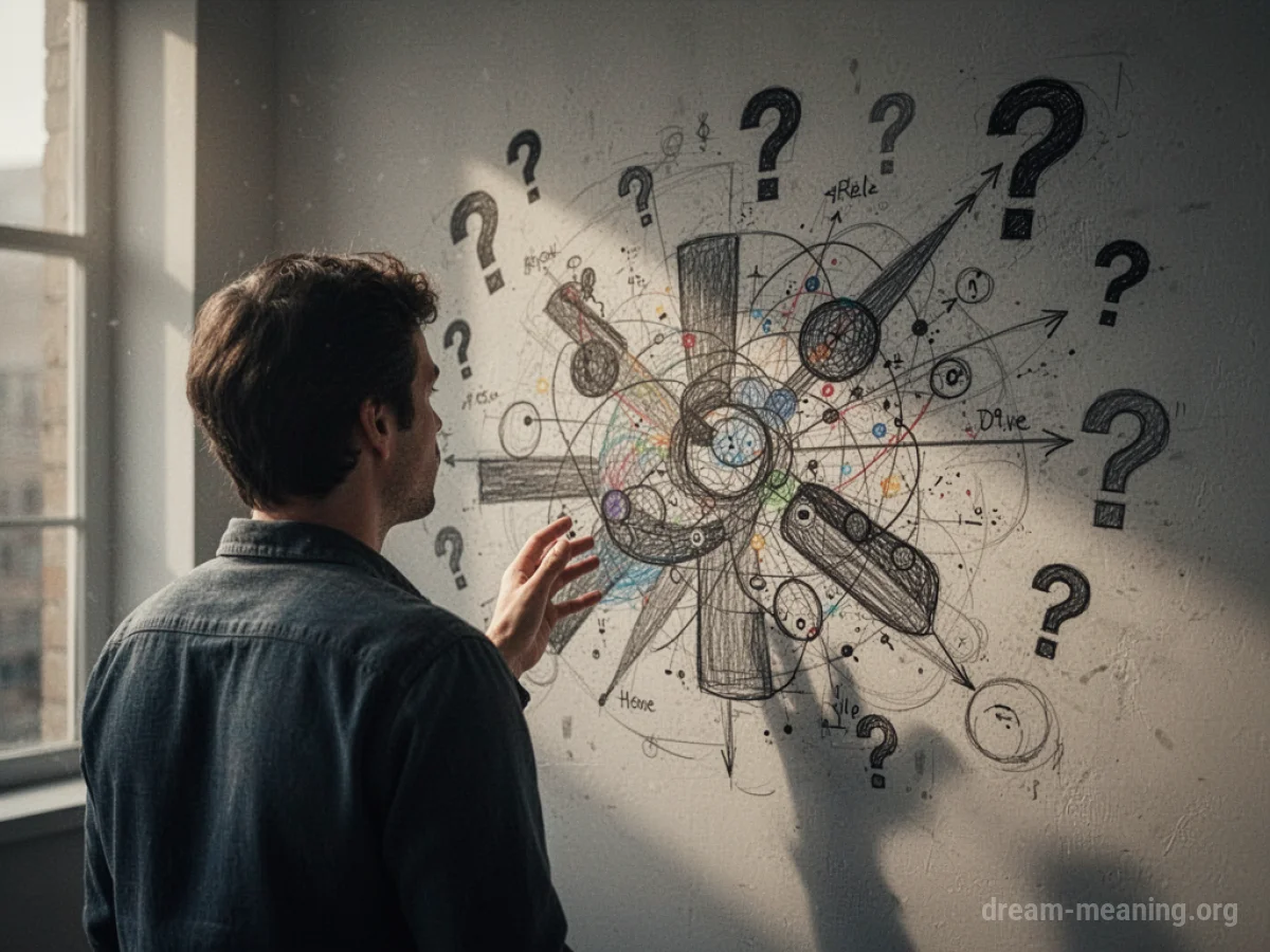 A person pondering an intricate, abstract diagram.