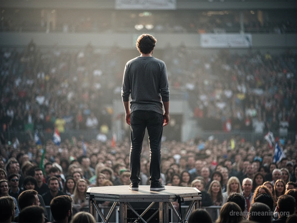A person stands on a raised platform facing away from the viewer.