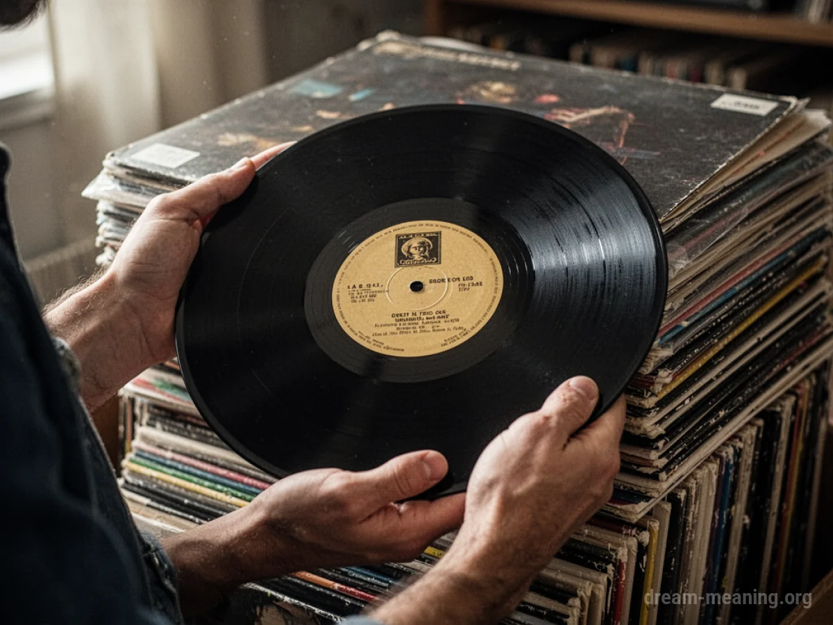 Hands holding a vinyl record with a stack of records nearby.