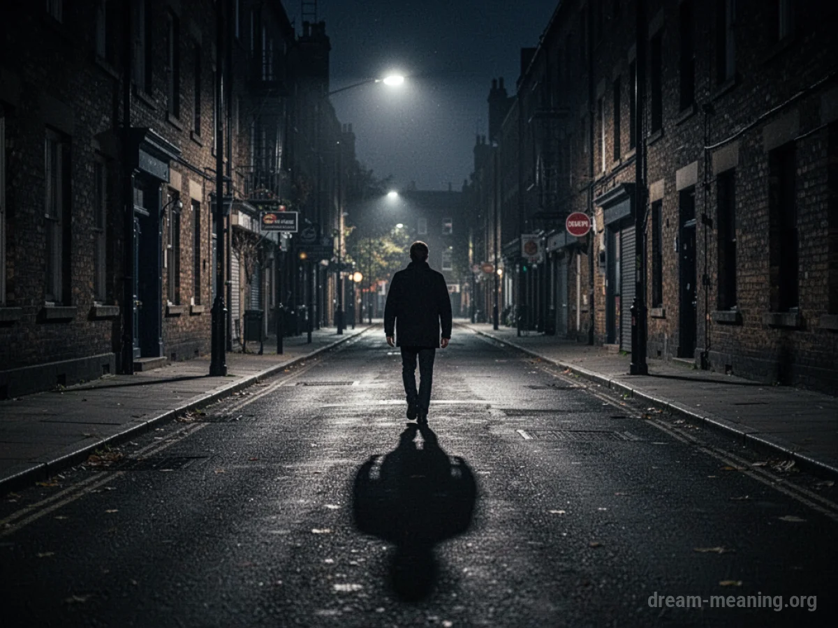 A silhouetted figure walks down a dark, empty street.