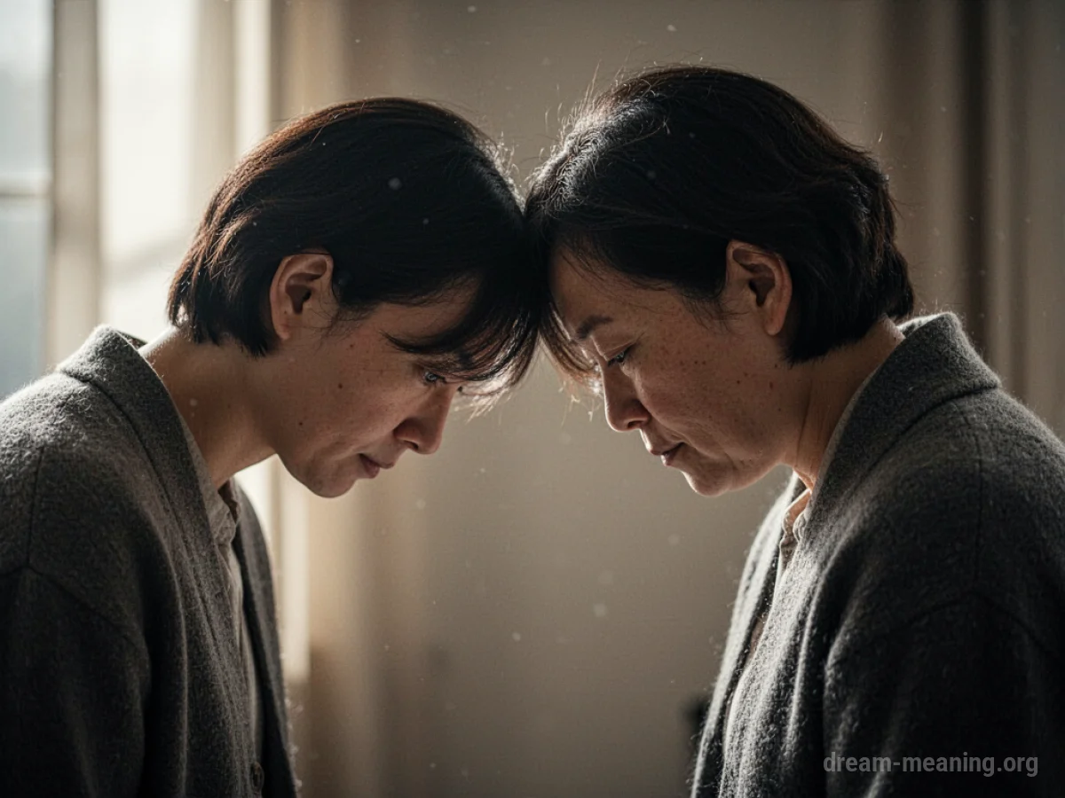 A person bowing their head in deference to another person.