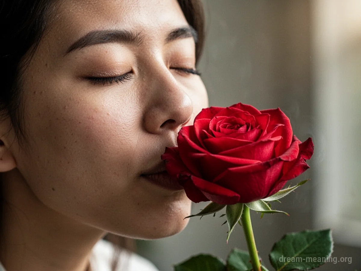 A person with closed eyes smelling a red rose.