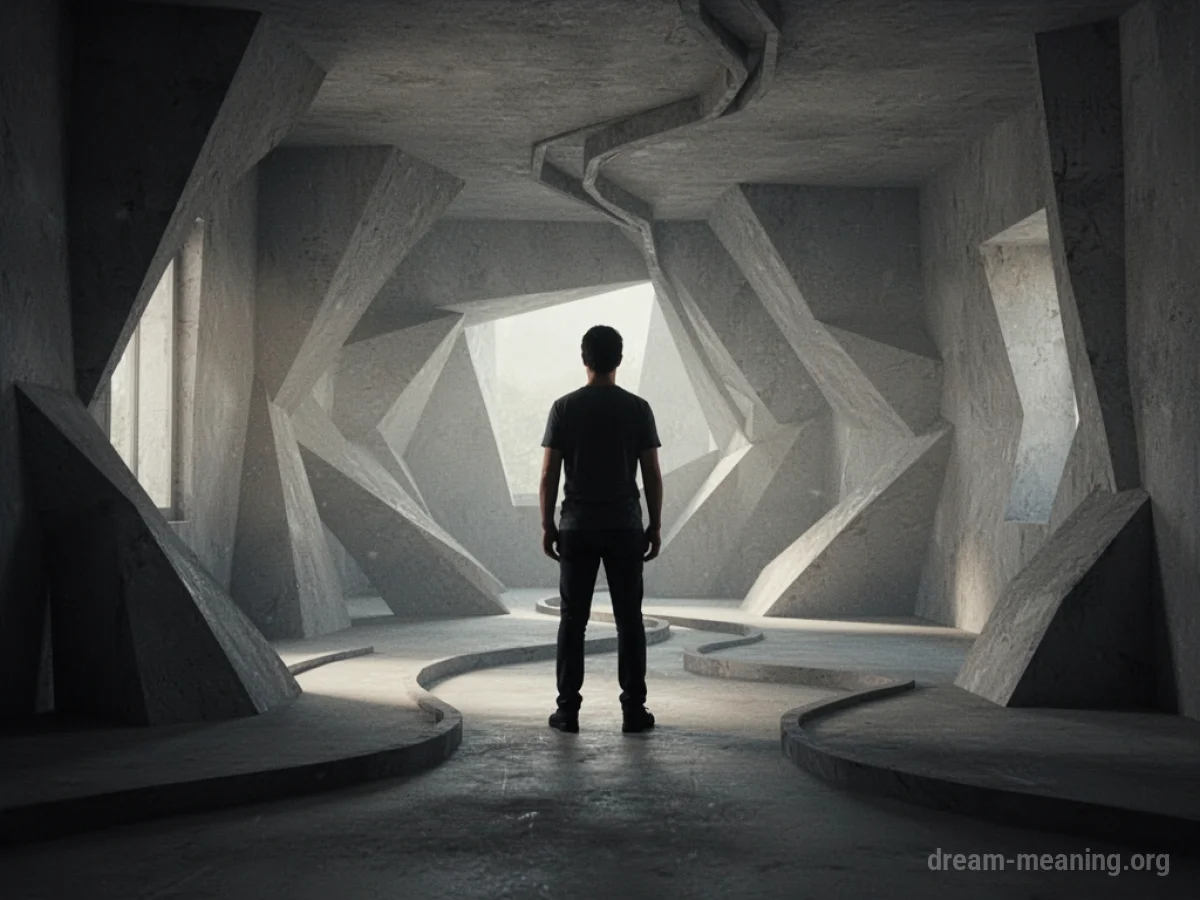 A shadowy figure stands amidst confusing, abstract shapes.