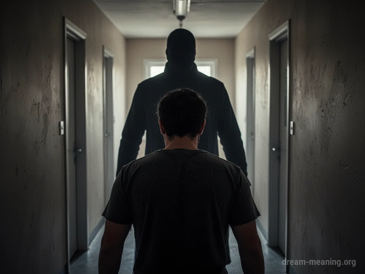 Silhouette of a person facing away from a looming shadow in a dark hallway.