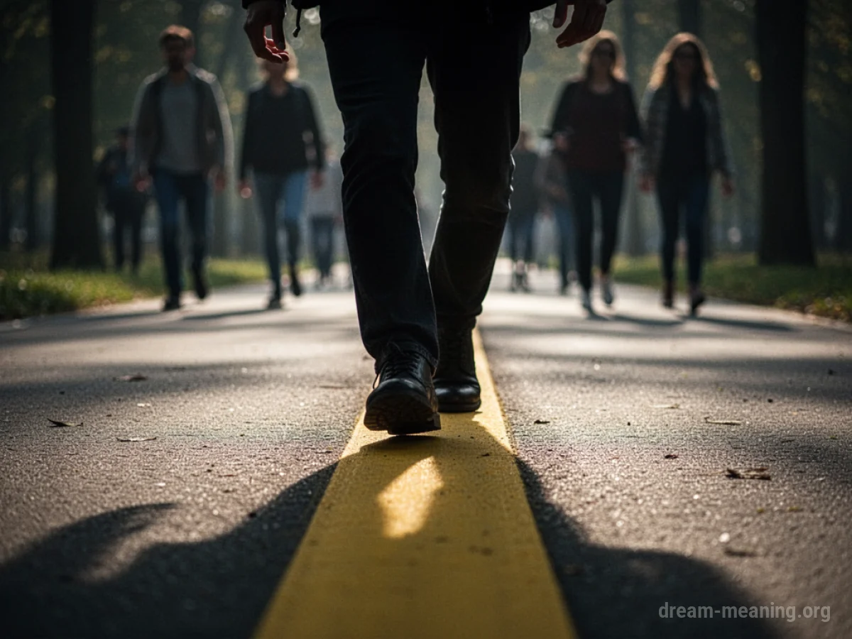 A silhouette stepping over a line on a path.