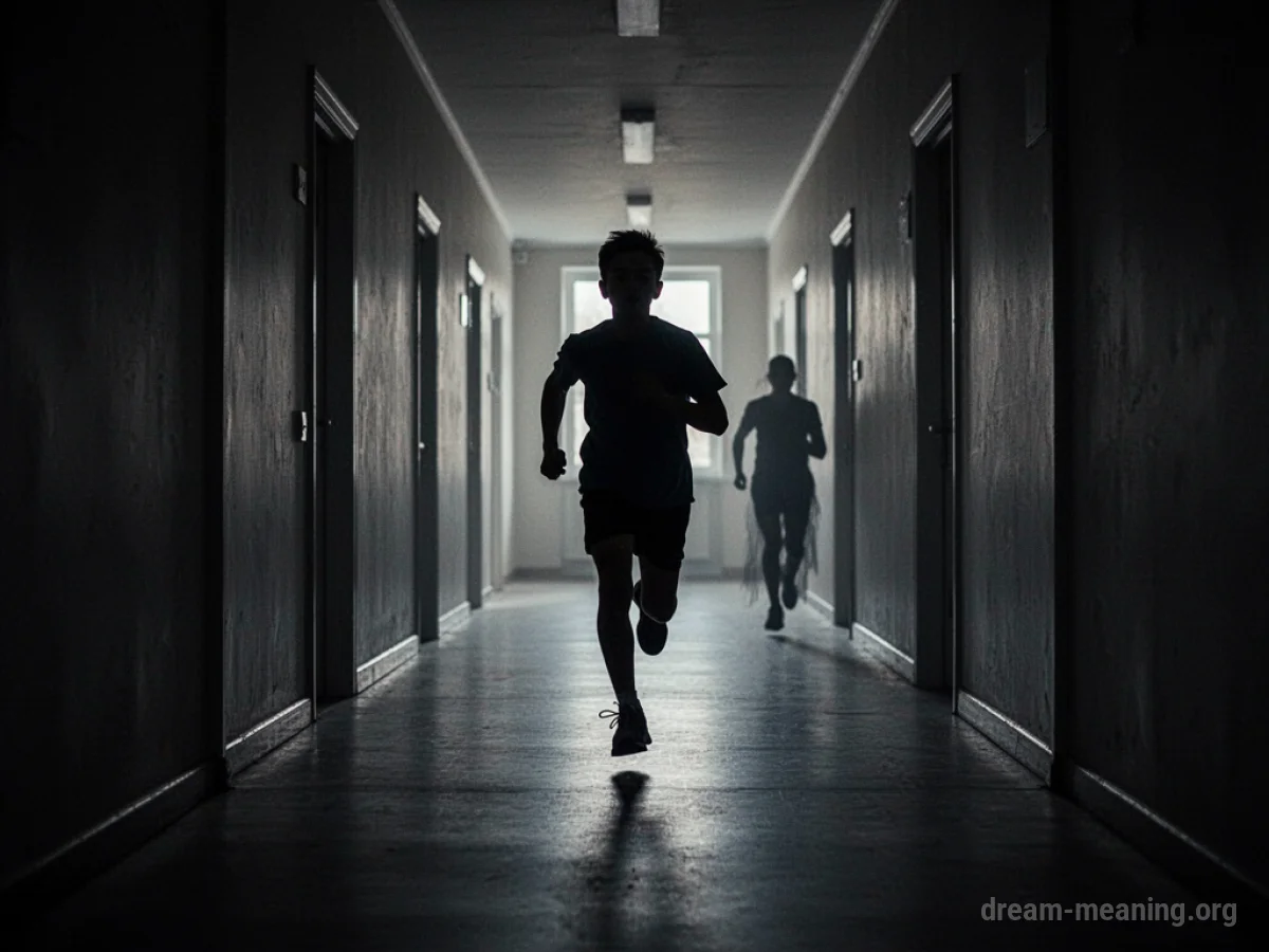 Silhouette of a person running away from a distant shadow down a hallway.