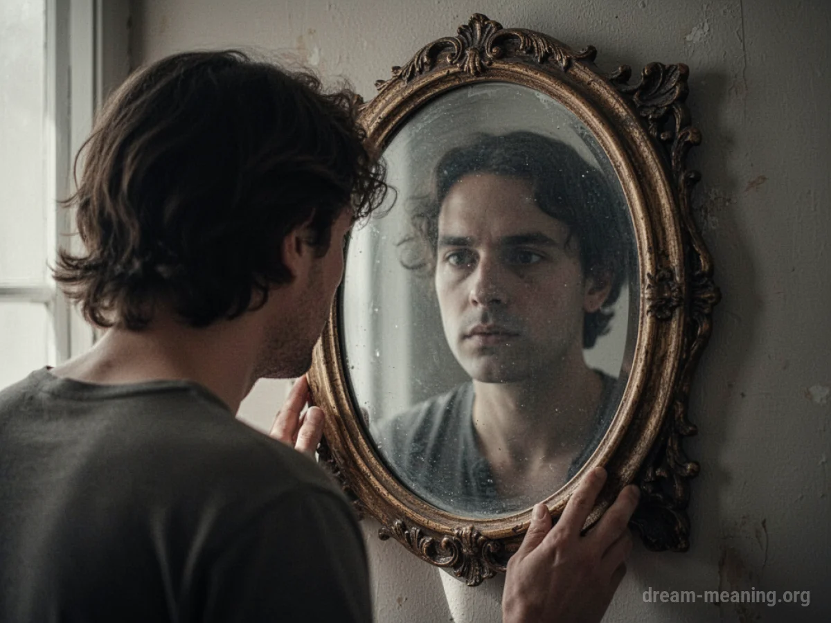 A person's face looking into a mirror, showing a different, blurry face.