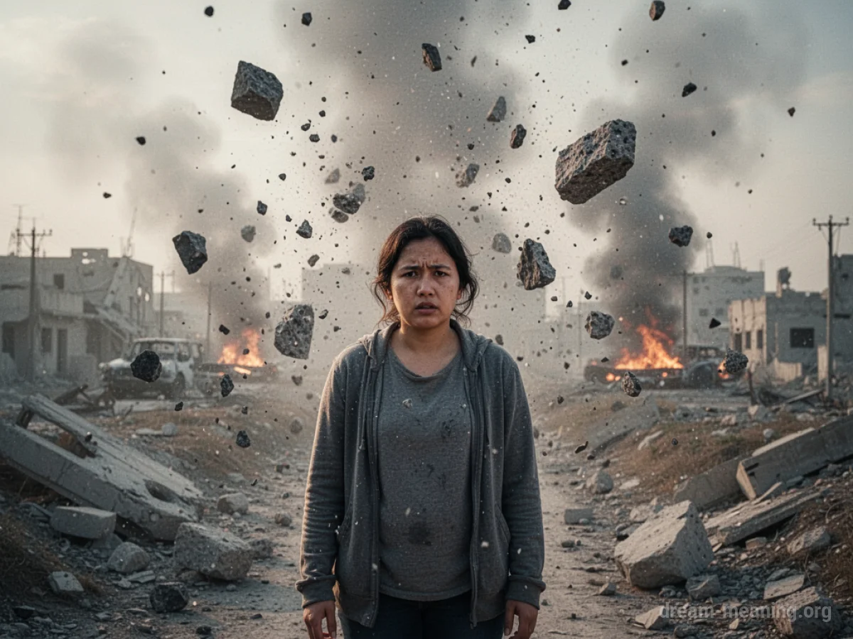 A person standing passively as debris falls around them from a distant source.