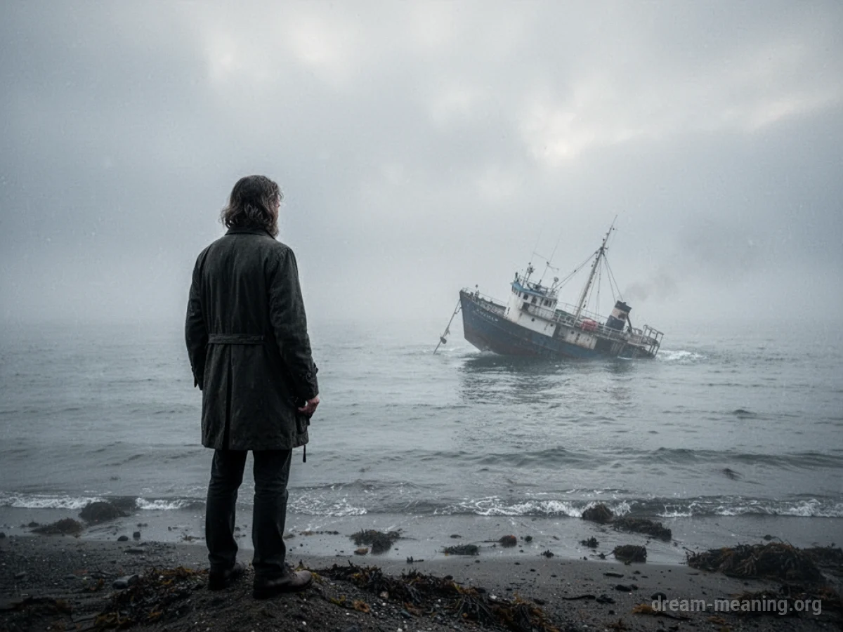 A silhouette of a person watching a small boat disappear into fog on the water.