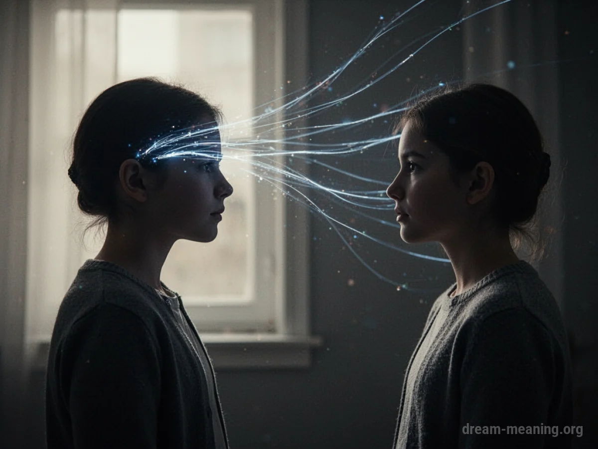 Silhouette of one person with energy lines connecting to another silhouette's head.