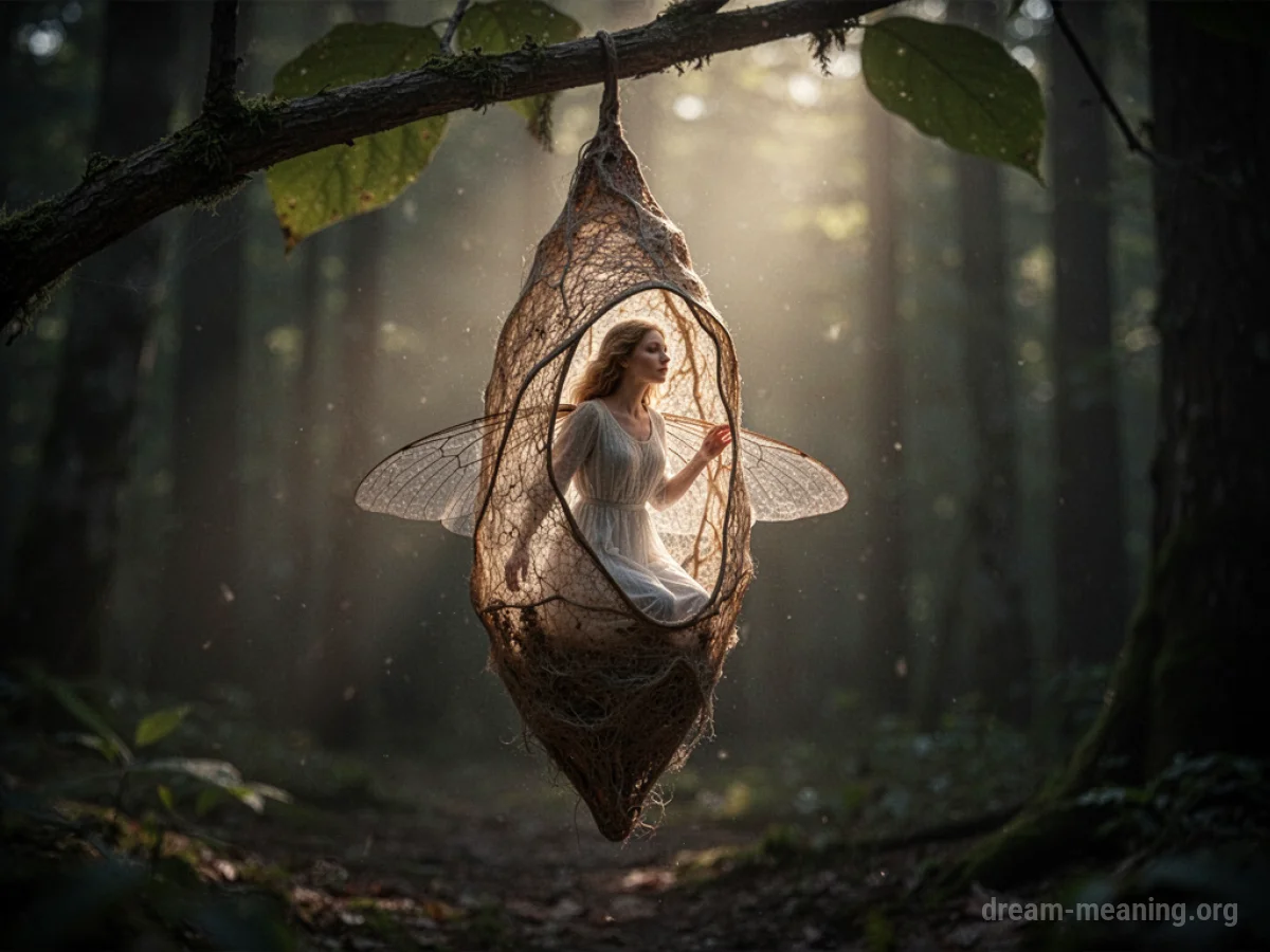 A silhouette of a person emerging from a cocoon.