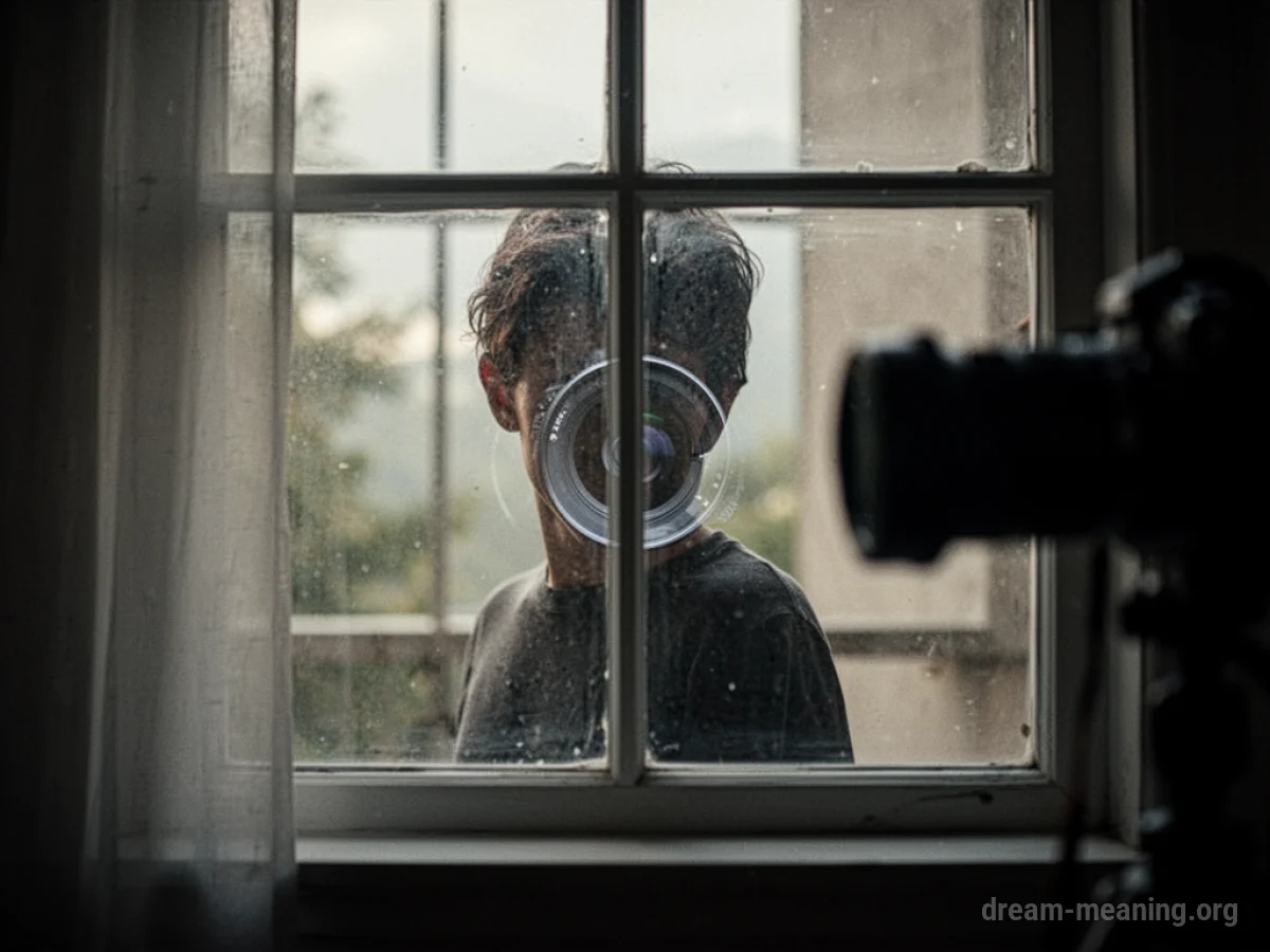 Silhouette of a person seen through a window, with a camera lens outline visible outside.