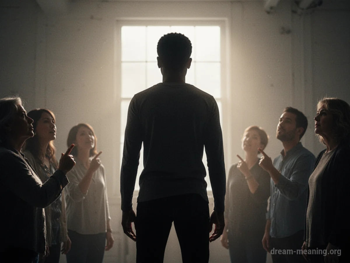A person silhouetted against a soft light, with other indistinct figures acknowledging them.