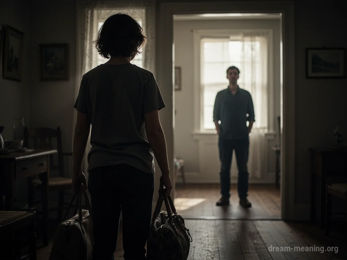 Silhouette of a person holding a bag, observed by another figure in a shadowed room.