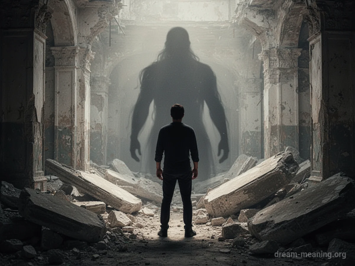 A shadowy figure stands behind a person in a crumbling environment.