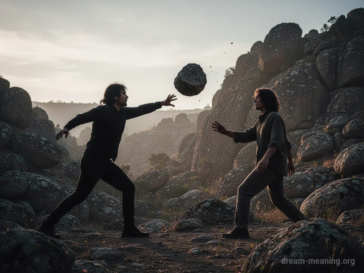Silhouette of one person throwing a rock at another person.