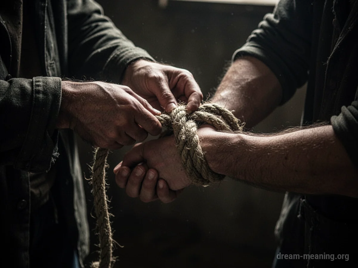 Hands tying a rope around wrists in dim lighting.