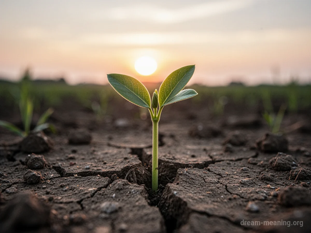 A green sprout emerging from dry, cracked soil.