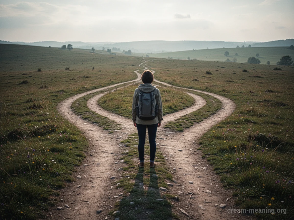 A person at a fork in a path, with one path worn and the other newly appearing.