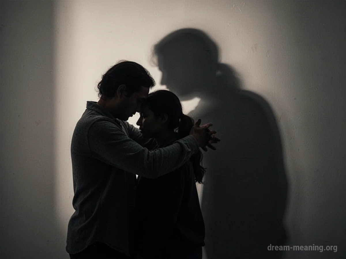 Silhouette of a person protecting another from a large shadow.