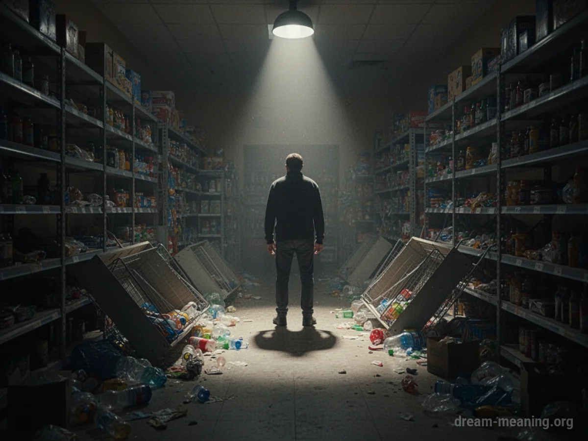 Overturned shelves and scattered items in a dimly lit store.