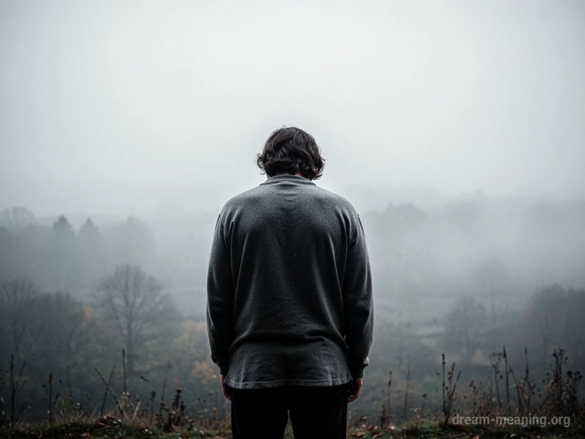 A person's back is visible as they stand facing away from the camera towards a foggy horizon.