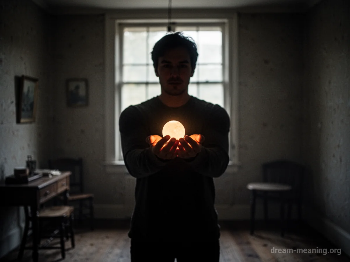 A silhouetted figure holding a glowing object.