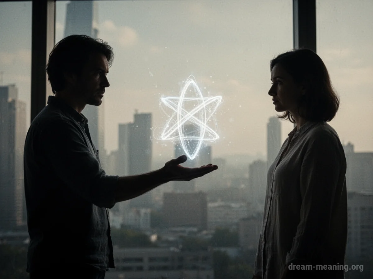 Two silhouetted figures facing each other, one offering a glowing object.