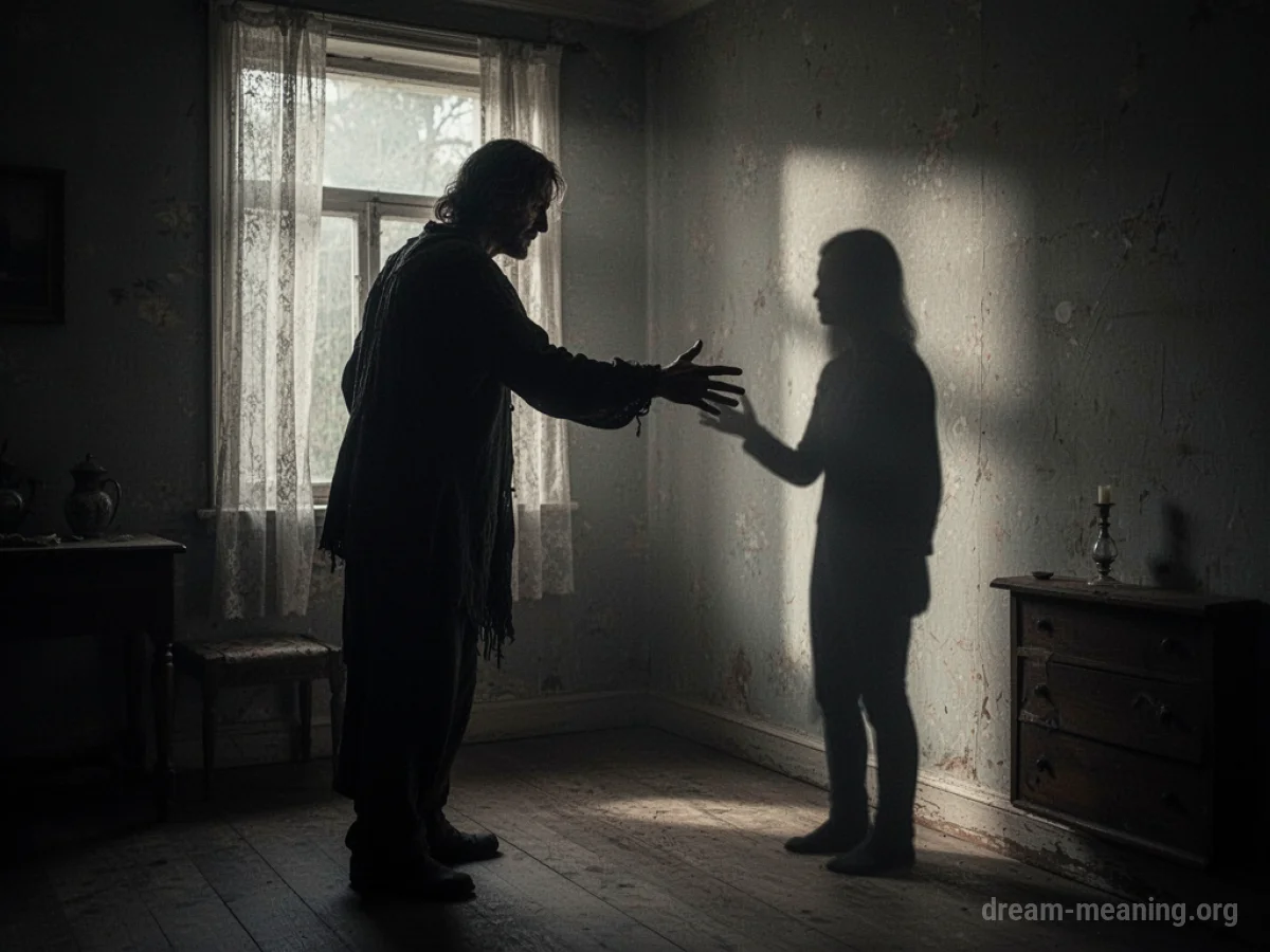 Silhouette of a person in a dark room with a shadowy figure approaching.