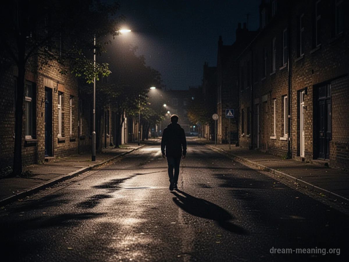 A person walking on a deserted street at night.