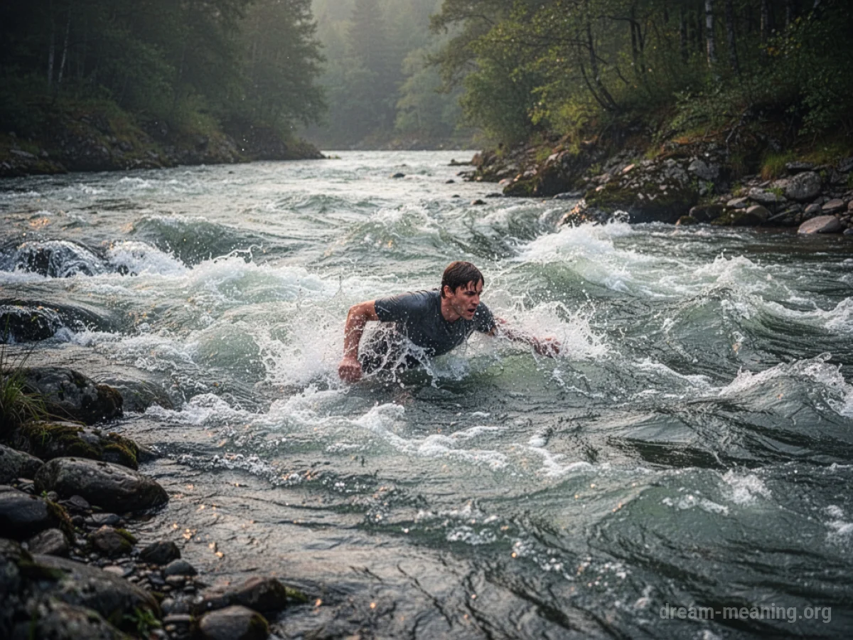 A person battling a strong river current.