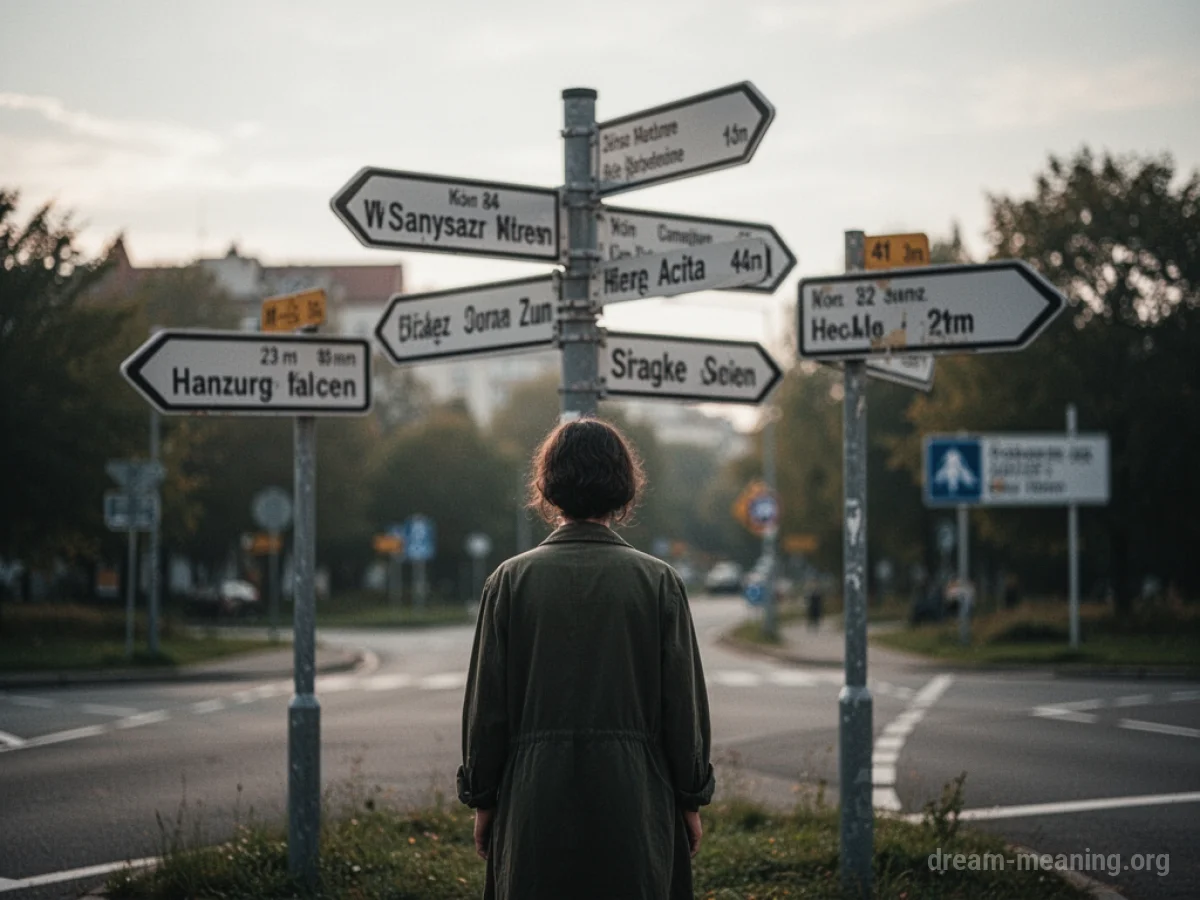 A person at a crossroads with signs.
