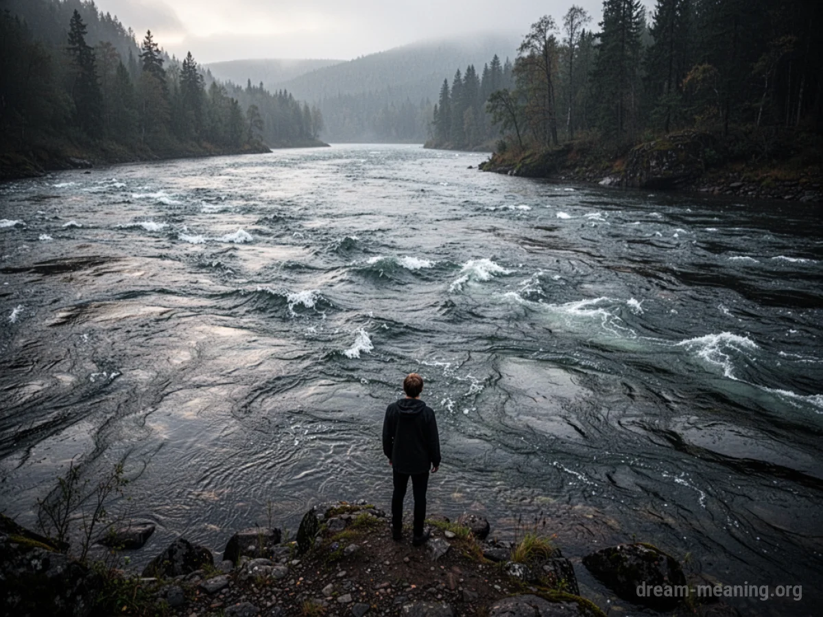 A person hesitates at the bank of a rough river.