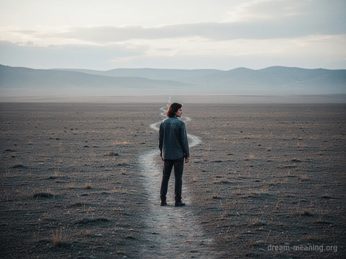 A lone figure on a plain looking back at a distant path.