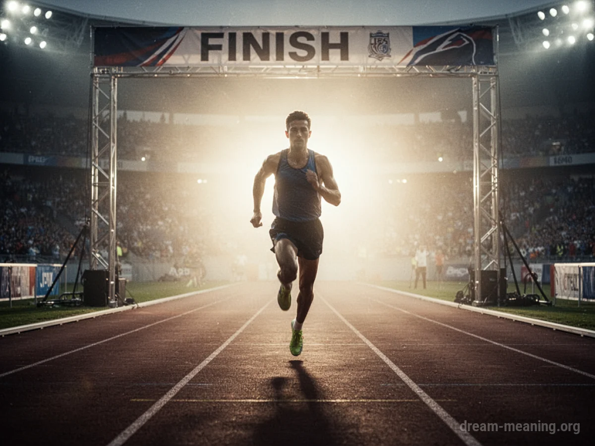 A lone runner approaching a bright finish line on a race track.