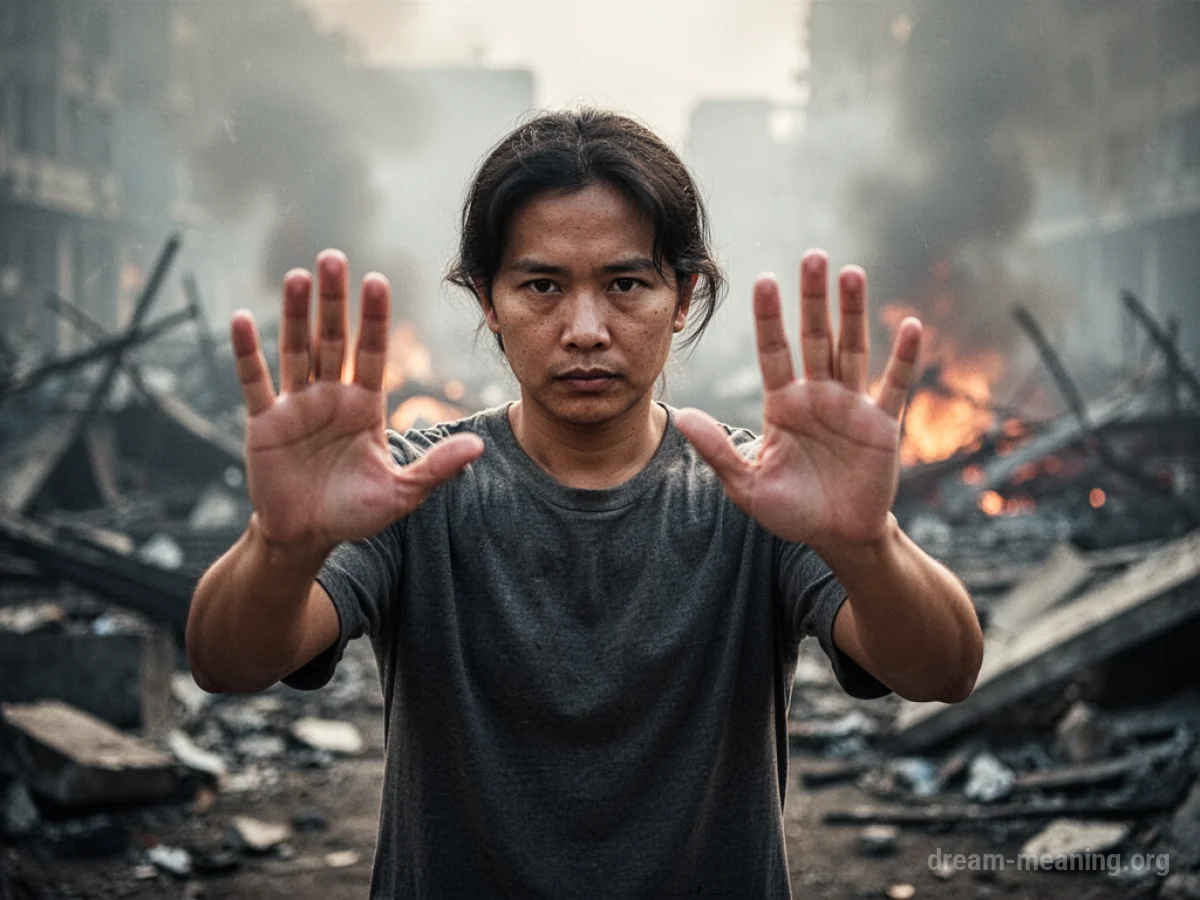Person with hands raised defensively against a blurred, chaotic background.