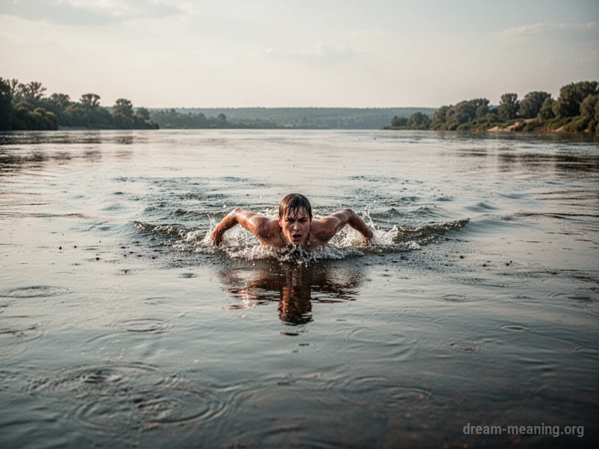 A person swimming in a river towards a distant bank.