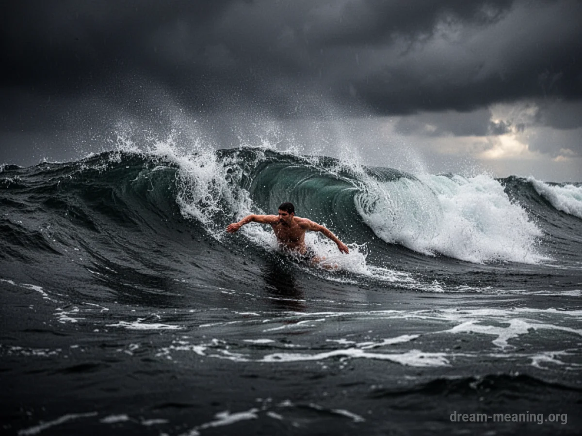 A person swimming through large, dark ocean waves under a cloudy sky.