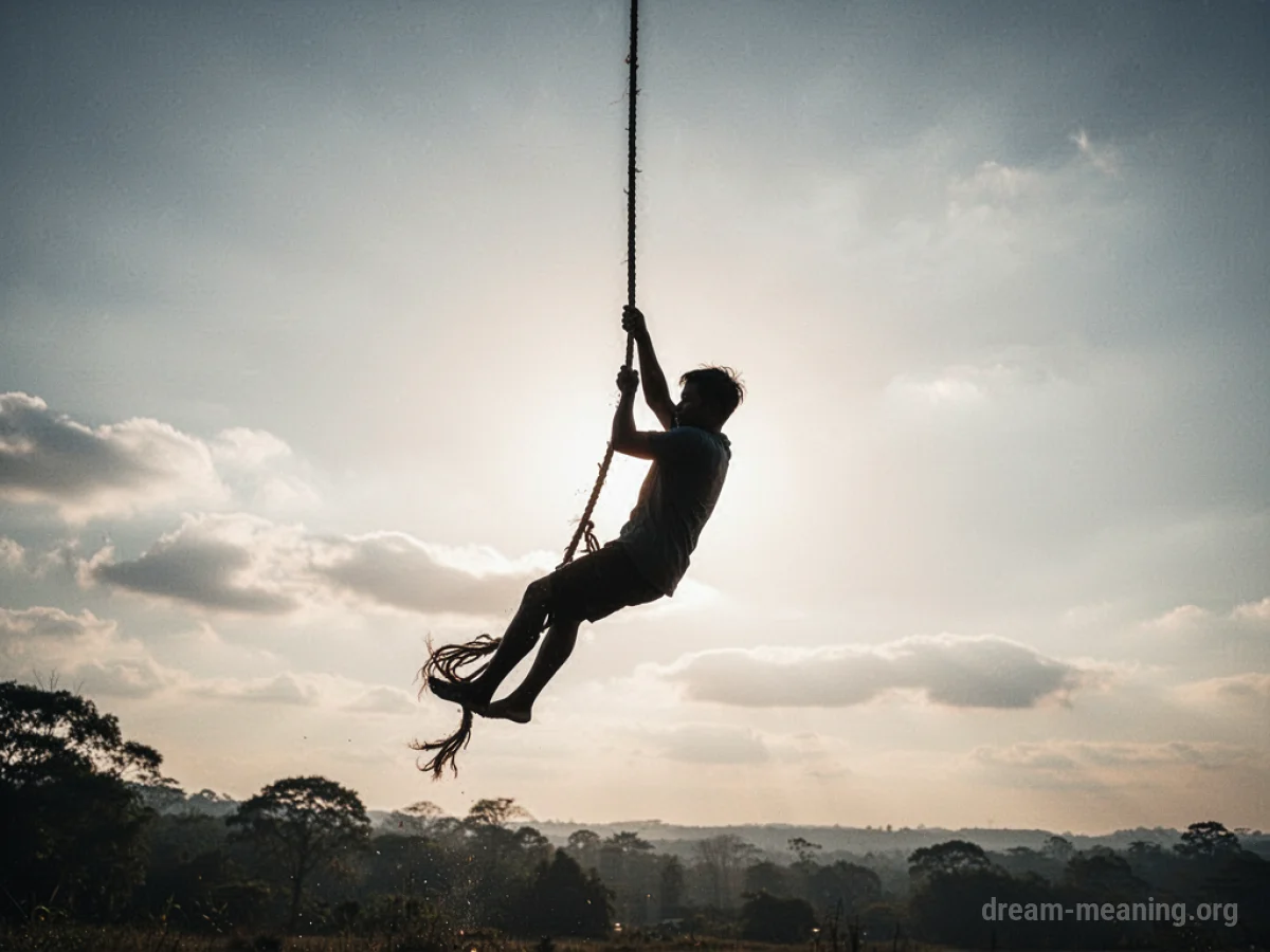 Silhouette of a person swinging on a rope against a bright sky.