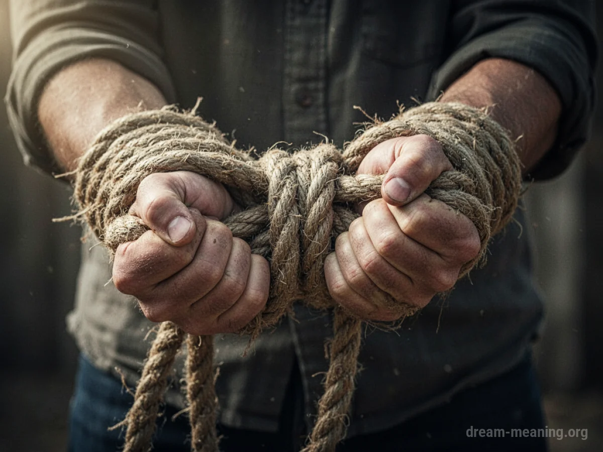 Hands bound by thick ropes.