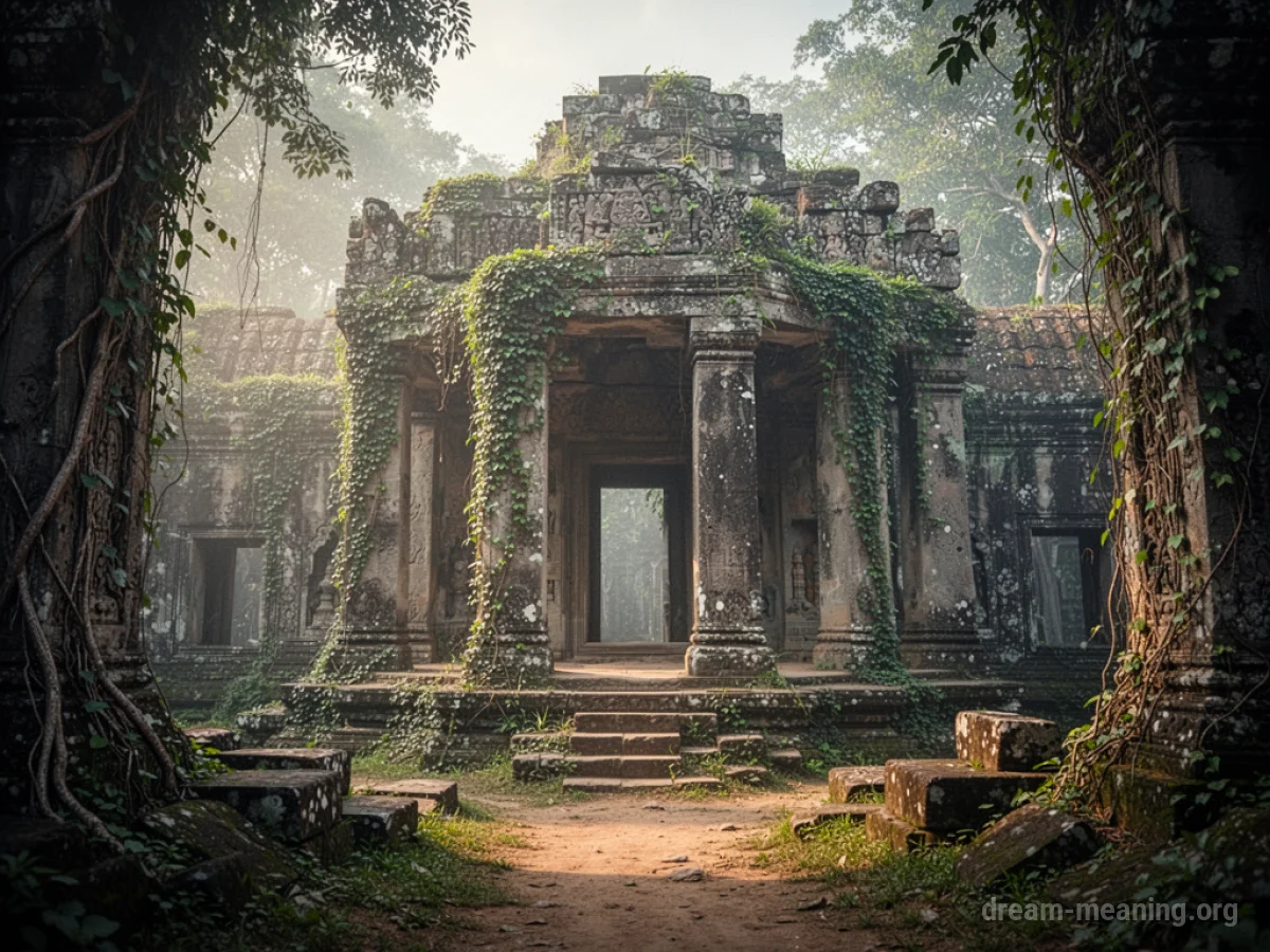Ancient stone temple ruins with overgrown vegetation.