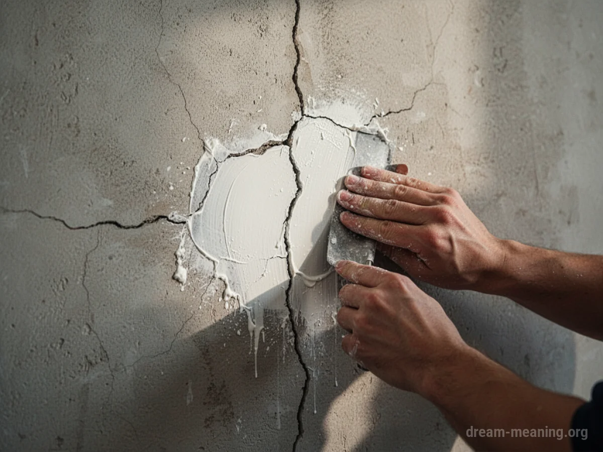 A close-up of a crack in a wall being temporarily sealed with tape.